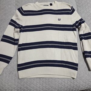 Chaps Navy and White Striped Crewneck Sweater
